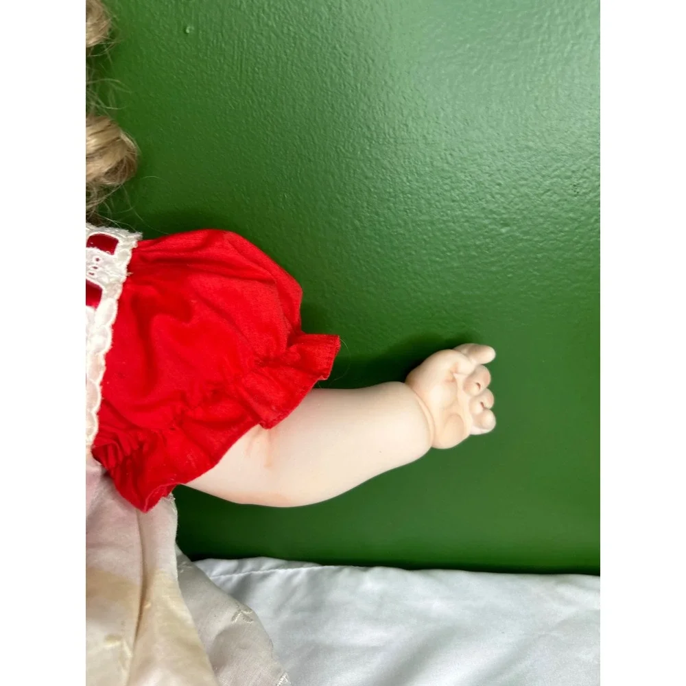 Vintage Porcelain Collector Doll Blonde Curly Hair Red White Lace Dress BlueEyes